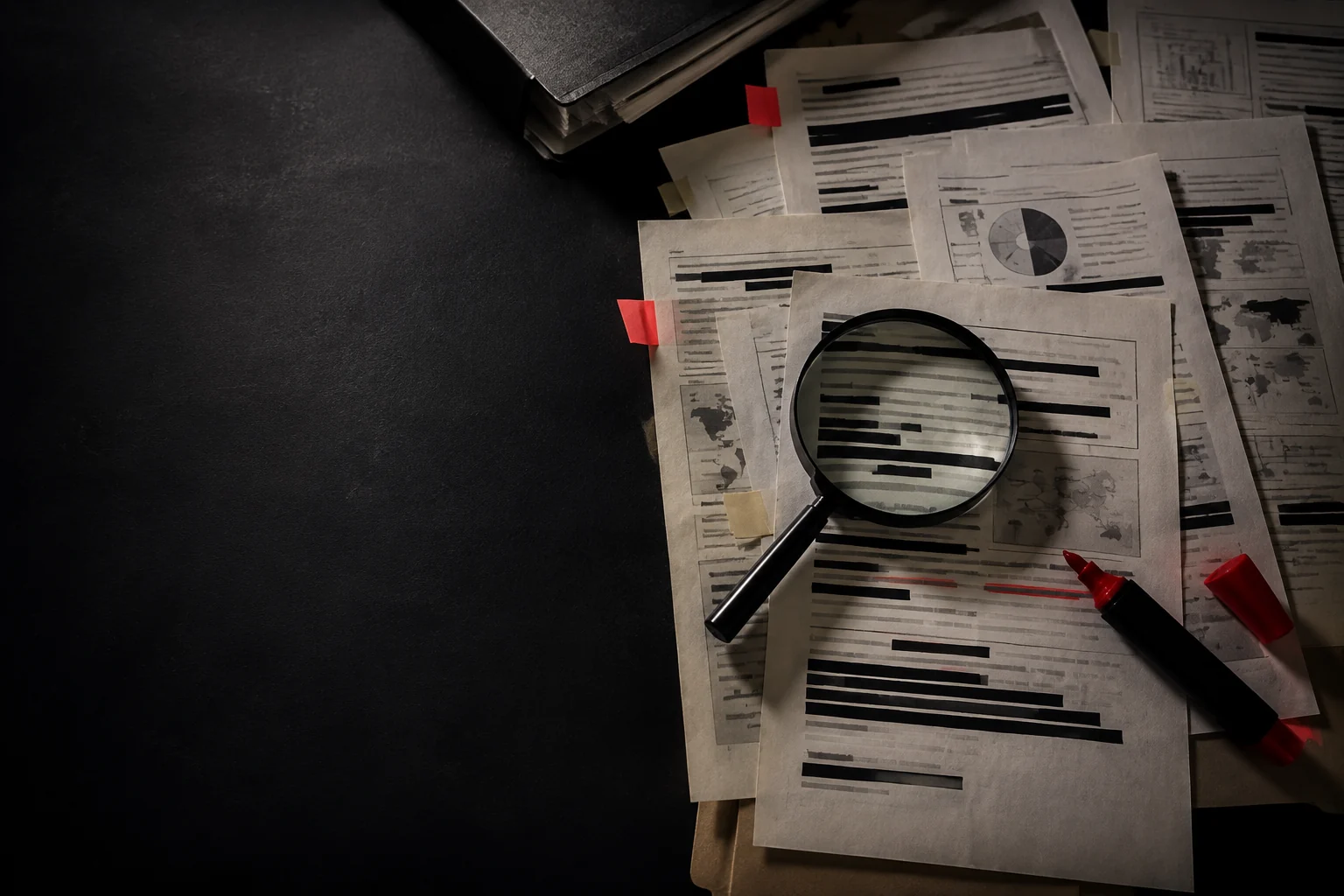 Composição ilustrativa de mesa com documentos, lupa e marcações vermelhas.