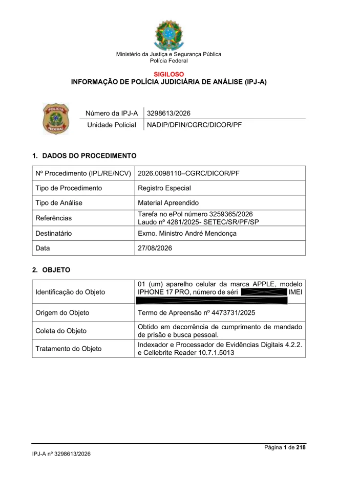 Capa do relatório da Polícia Federal, página 1 de 218.